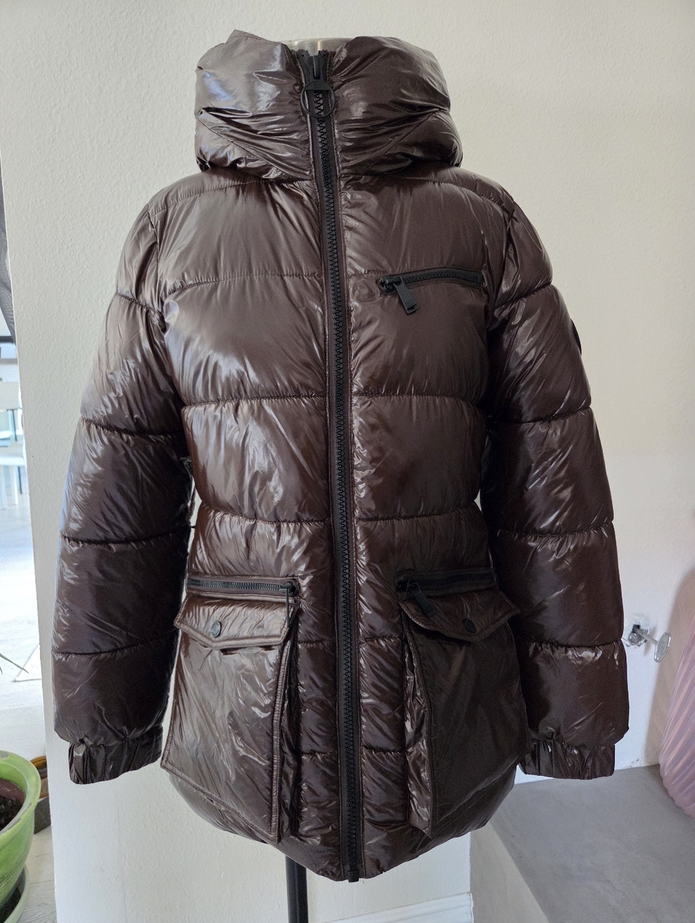 Donna Karen Spory Shiny Brown Puffer Jacket with Hood